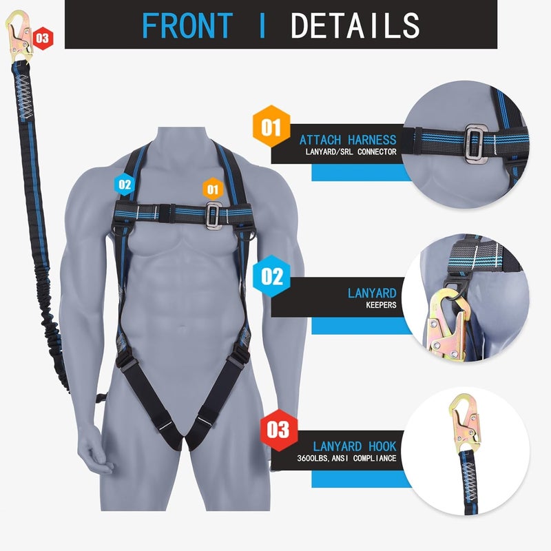 FHFallArrest Safety Harness Fall Protection Kit - 3 Pt Full Body Safety Harness with 6 FT Internal Shock Absorbing Lanyard & Snap Hook, for Roofing Construction & Scaffolding Use, ANSI OSHA Compliant - Image 2